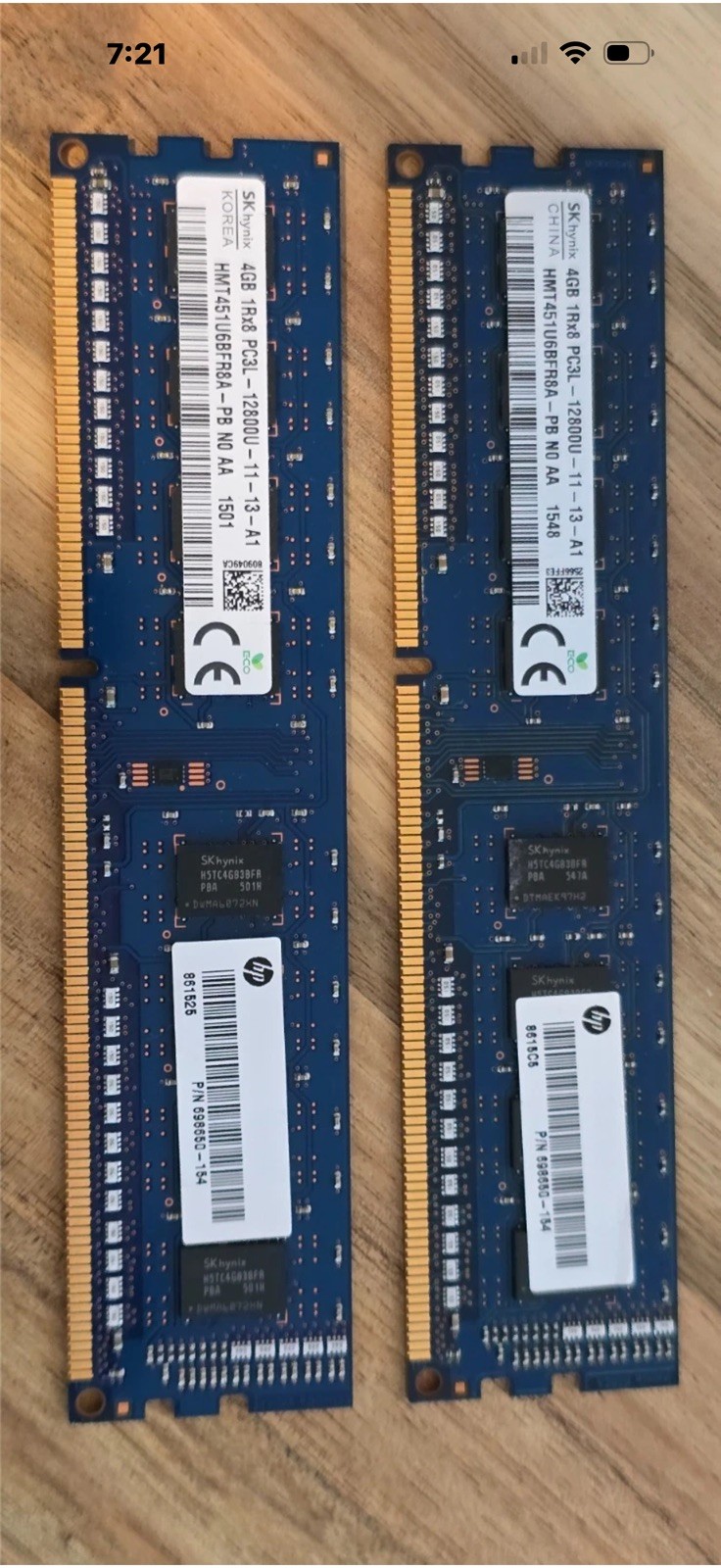 LOT OF 4 SK Hynix 4GB 1Rx8 PC3L-12800U DDR3-1600 Desktop RAM HMT451U6BFR8A