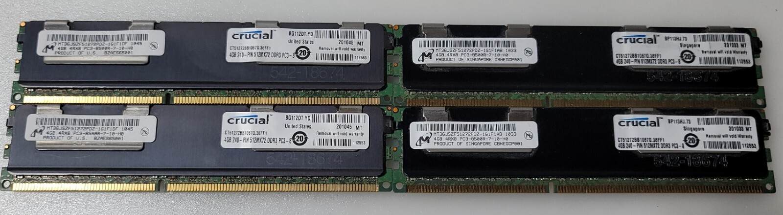 Crucial 16GB 4X4GB 4RX8 CT51272BB1067Q.36FF1 240Pin DDR3 PC3-8500R Server Memory
