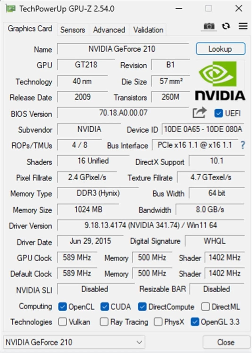 Low Profile Nvidia GeForce GT 210 GPU, 1024MB, PCI Express 2.0 – Easy Install