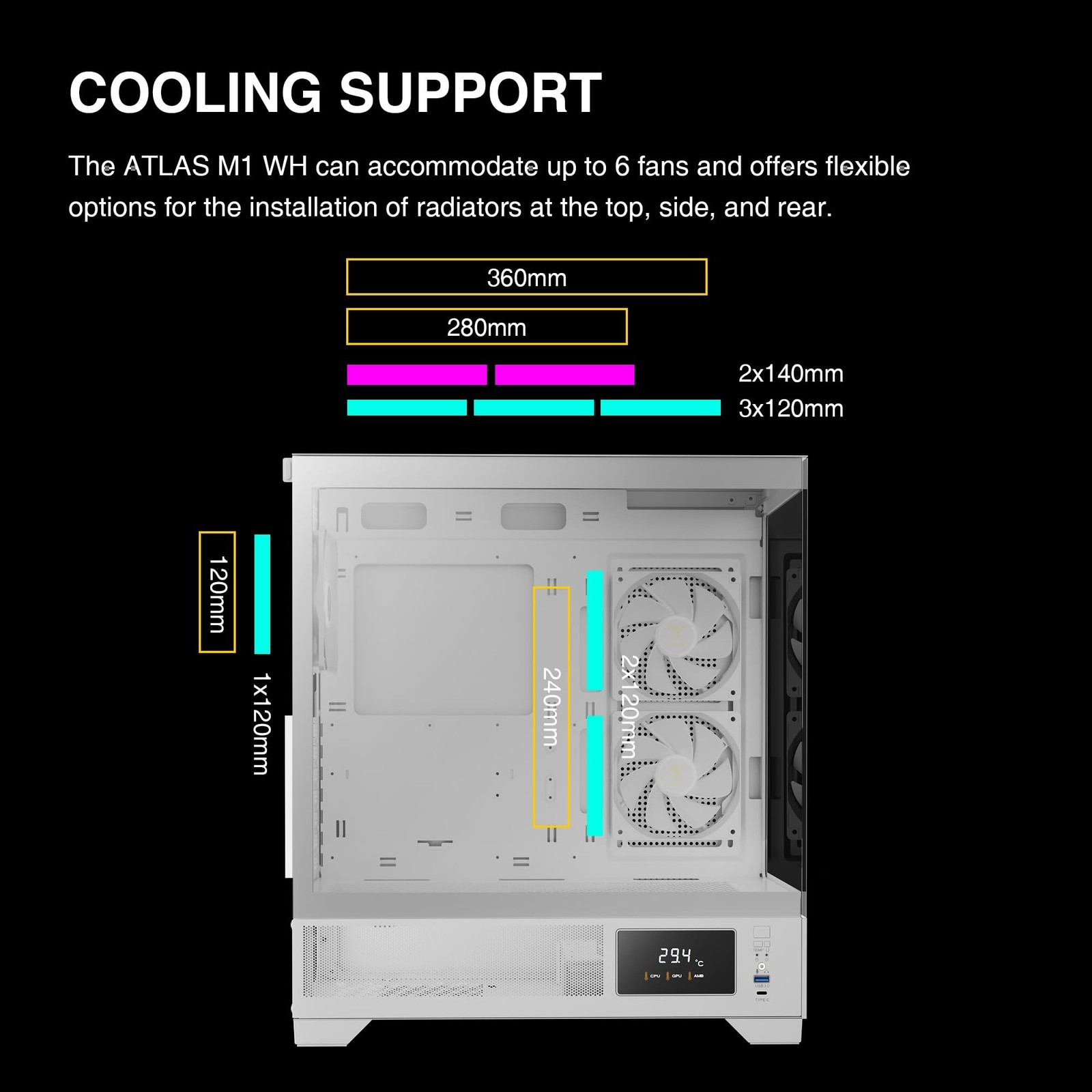 GAMDIAS White Mid Tower Gaming Computer Case w/Display& App, ATX Tempered Gla…