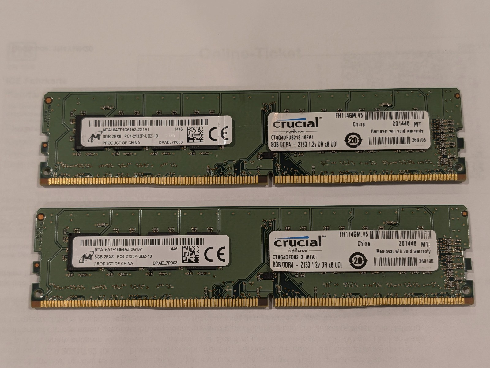 Lot of (2) Crucial 8GB DDR4 2133MHz CT8G4DFD8213.16FA1 (Total 16GB)