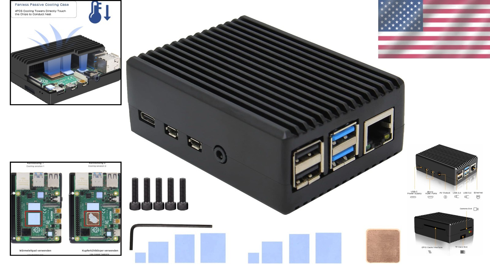 Durable Aluminum Passive Cooling Case for Raspberry Pi 4 Model B – Easy Access