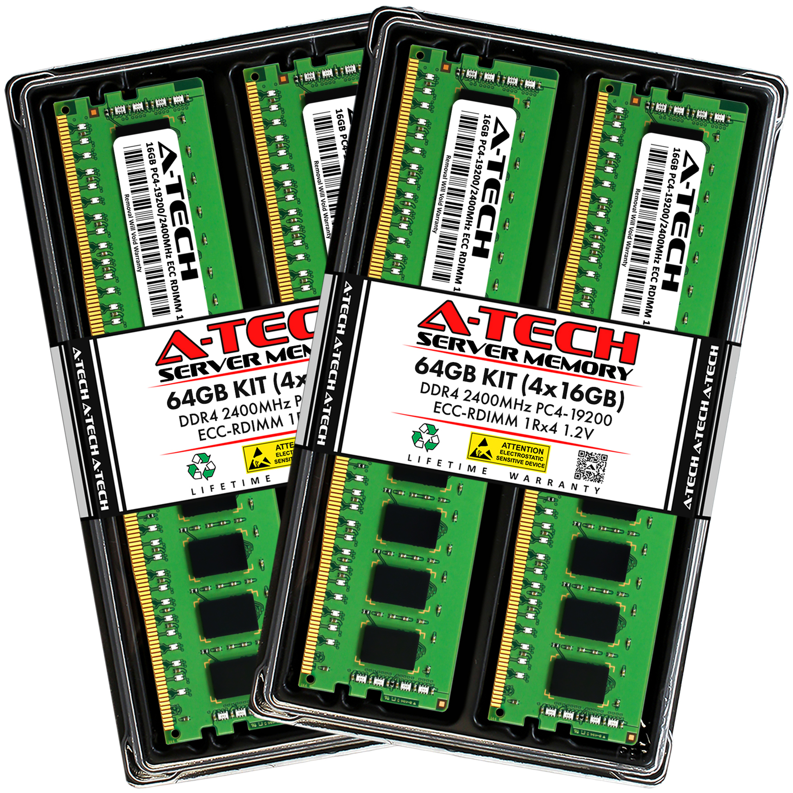 A-Tech 64GB 4x 16GB 1Rx4 PC4-19200R DDR4 2400MHz ECC REG RDIMM Server Memory RAM