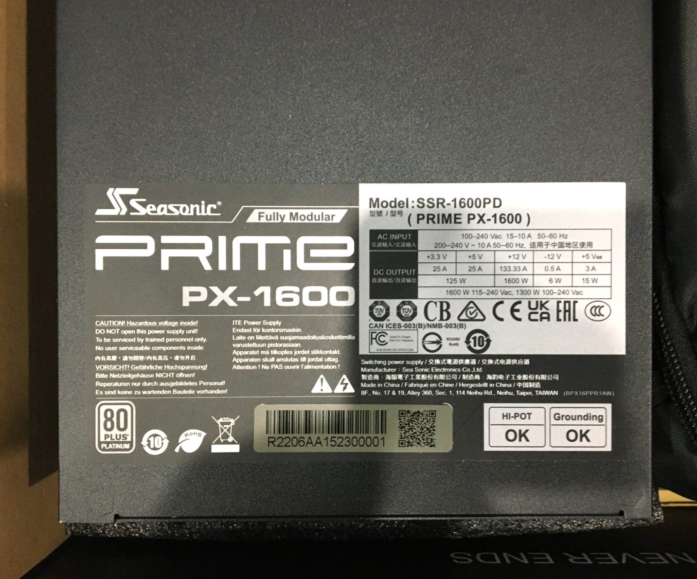 Seasonic Prime PX-1600 ATX3 SSR-1600PD Fully Modular Power Supply – RMA Replaced