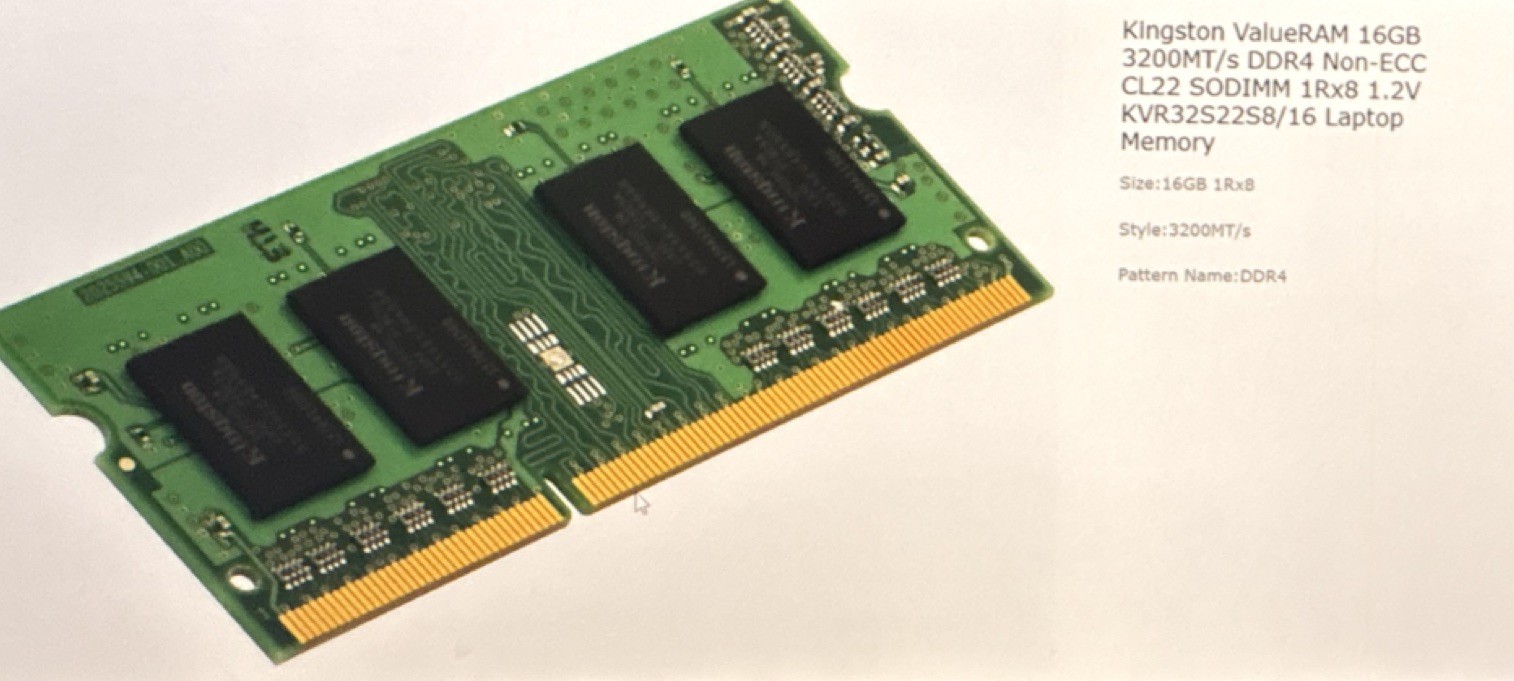 Kingston ValueRAM 16GB DDR4 3200MT/s SO-DIMM Non-ECC Laptop Memory KVR32S22S8/16