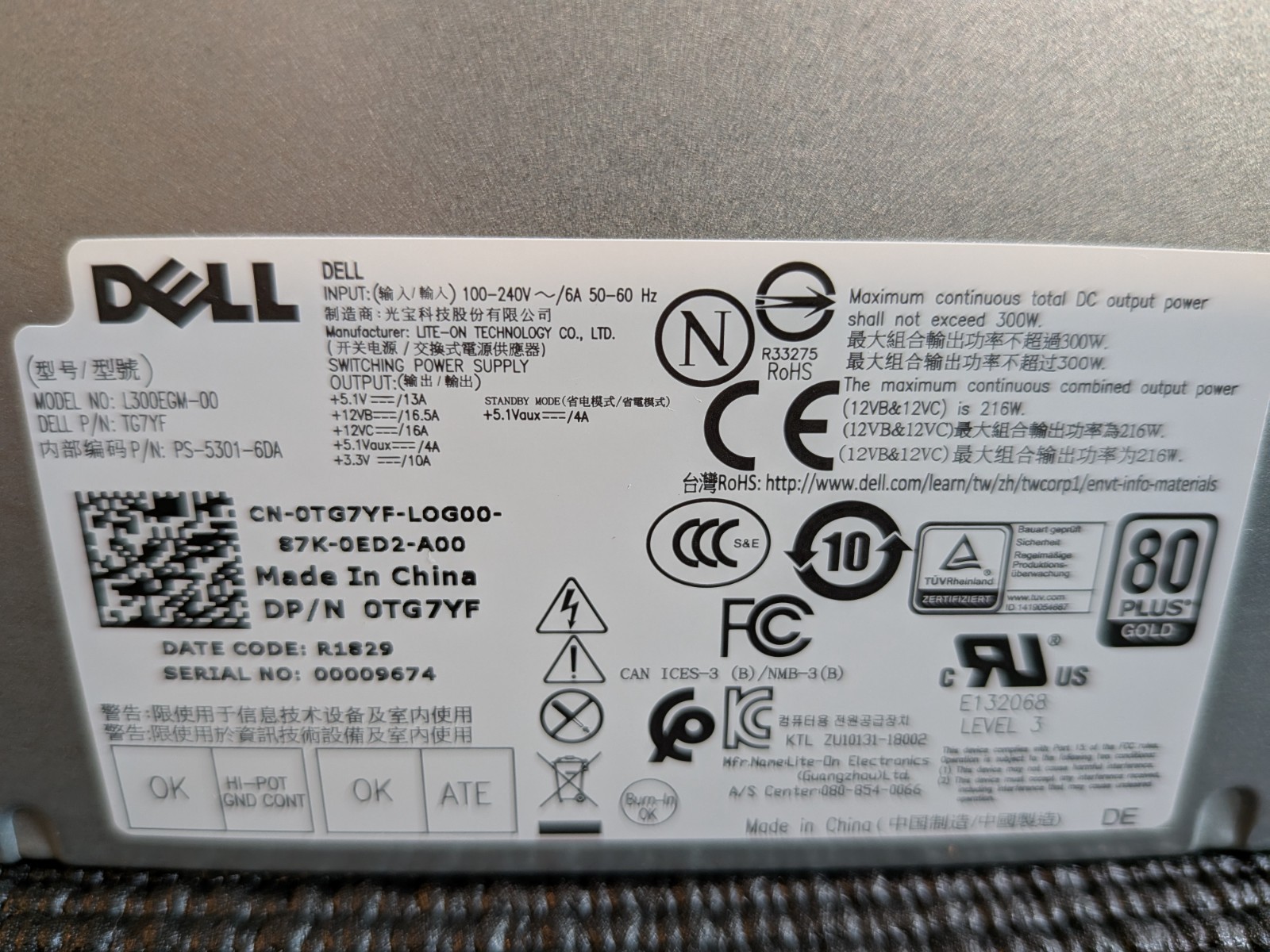 Dell Precision 3630 Tower 300W Power Supply L300EGM-00 0TG7YF PS-5301-6DA Pull