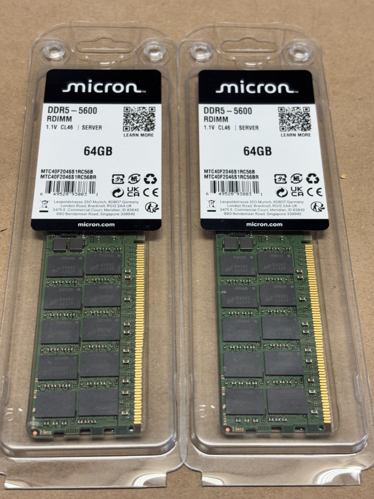 Micron 64GB DDR5-5600 ECC RDIMM 2Rx4 PC5-44800 Server RAM MTC40F2046S1RC56B