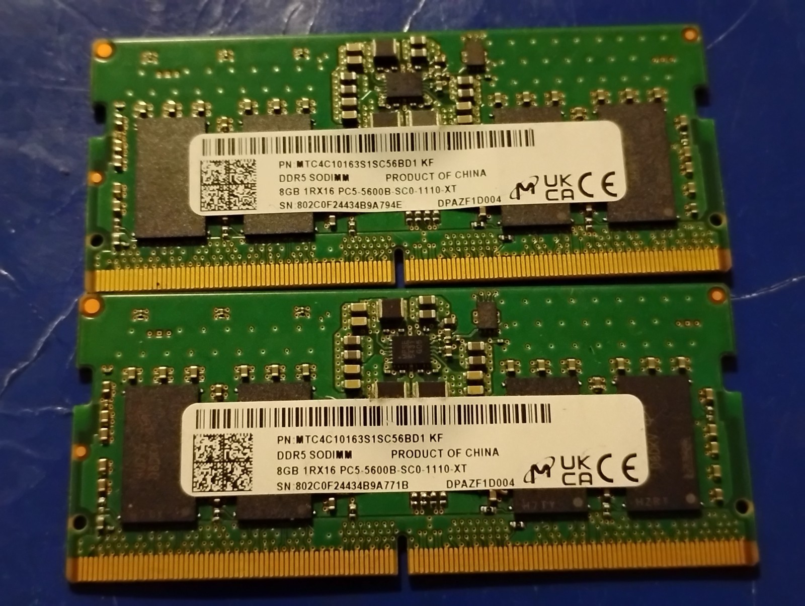 The items shown are Micron 8GB DDR5 5600MHz CL46 laptop memory modules (SODIMM).