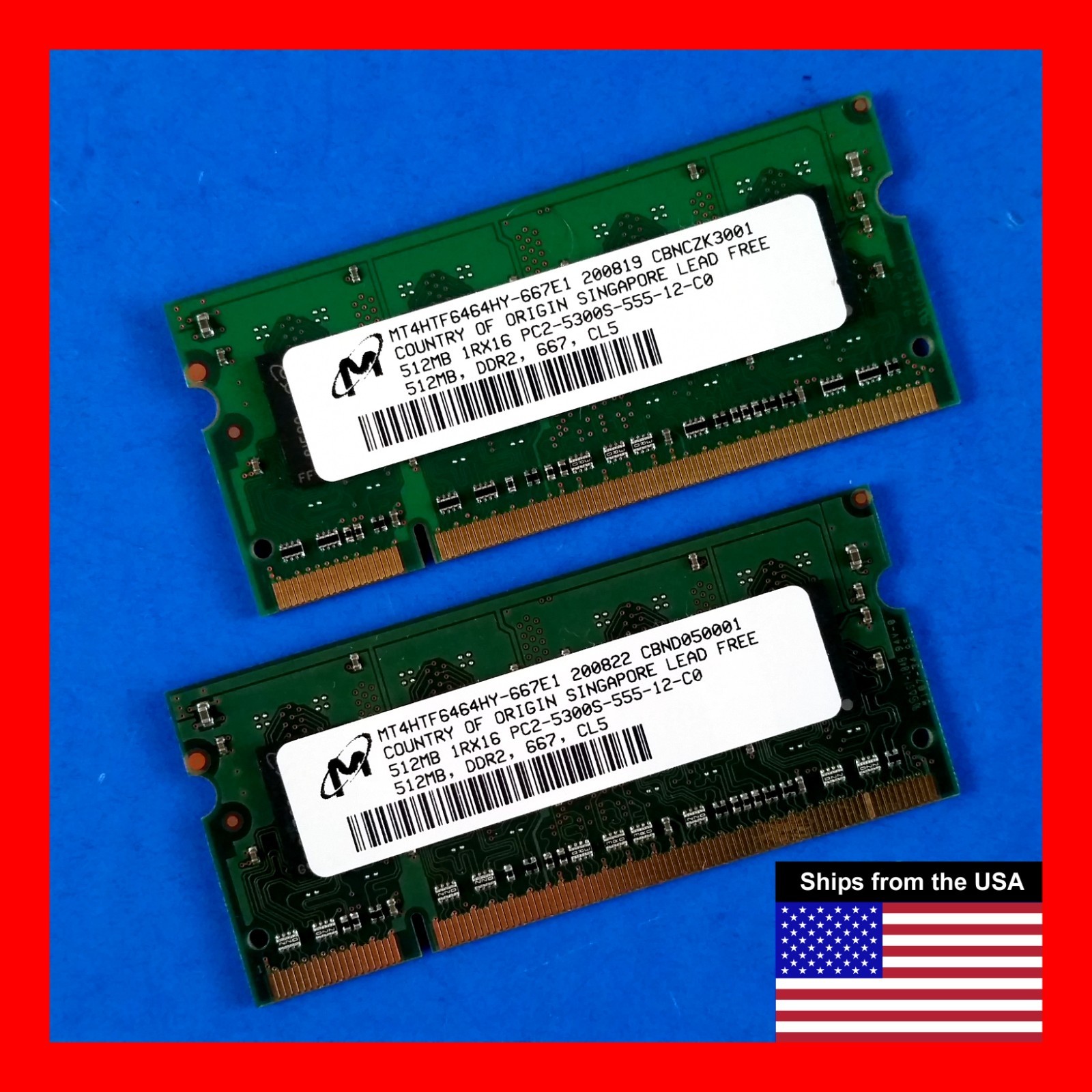 2-pc Lot 512MB 1GB Total PC2-5300 DDR2 SODIMM 200-Pin RAM Memory SO-DIMM Micron